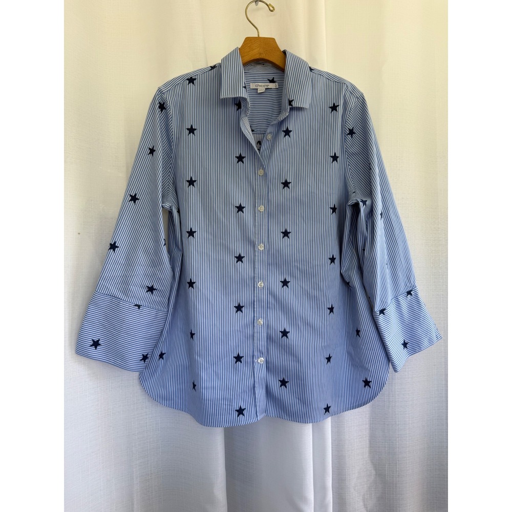 Chicos Blue White Striped Star Embroidered Button Down Shirt Size Large 12